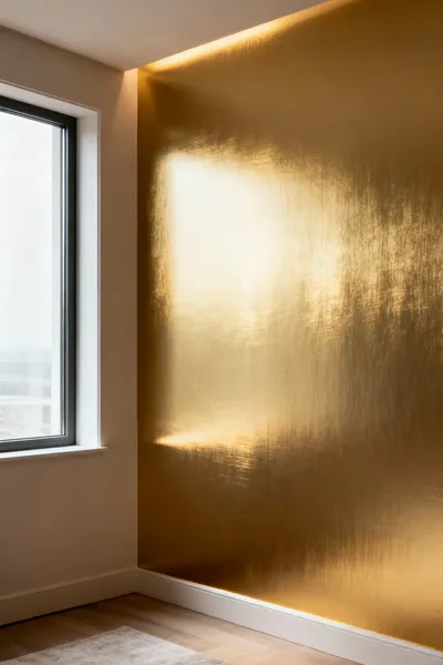 Modern bedroom with a shimmering brushed gold metallic laminate accent wall, reflecting subtle light.