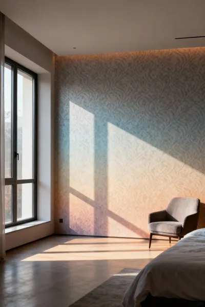 A modern bedroom with light-adaptive wallpaper, featuring a pattern that subtly changes with ambient light for circadian harmony.