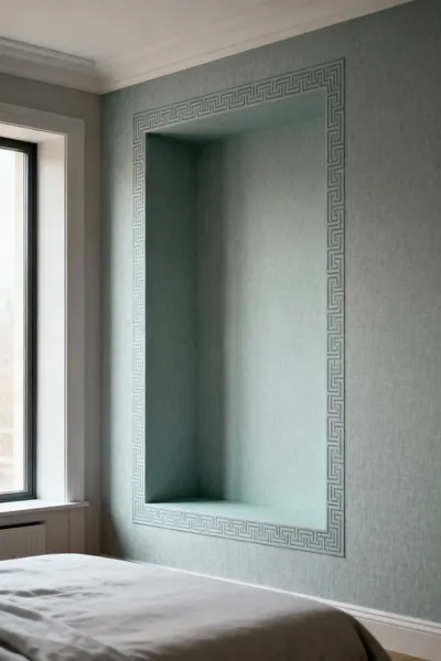 A modern bedroom featuring a recessed bed niche expertly framed by geometric patterned wallpaper, creating a distinct architectural border. Soft ambient lighting, minimalist design.