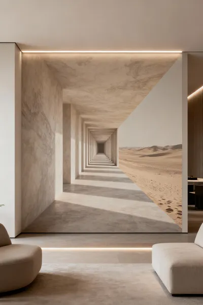 Modern bedroom featuring a full-wall digital anamorphic print showing a vanishing corridor creating an illusion of deep spatial expansion and tranquility.