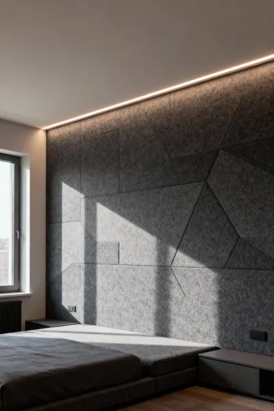Modern bedroom with acoustic felt wallcovering in charcoal grey, offering sound absorption and a serene aesthetic.