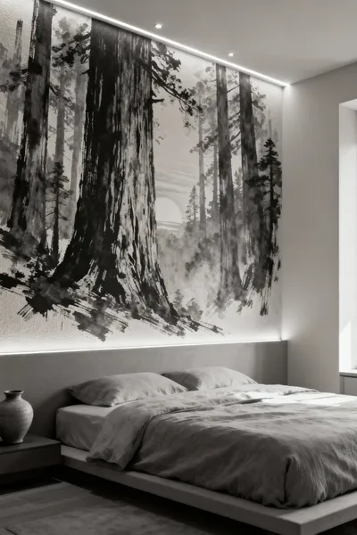 Modern bedroom with a large-scale, monochromatic redwood forest mural on an accent wall, designed for immersive calm and visual depth.