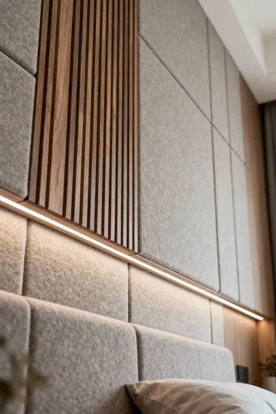 Modern bedroom wall featuring elegantly designed modular panel systems with varying textures and integrated lighting, showcasing temporal adaptability and sophisticated design.