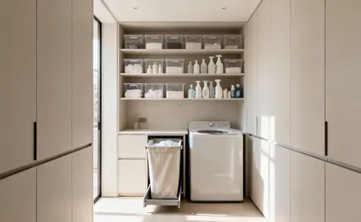 A pristine, decluttered laundry room with sleek, integrated custom cabinetry, pull-out hampers, and meticulously organized laundry supplies, showcasing an optimized workflow and serene aesthetic under soft natural light.