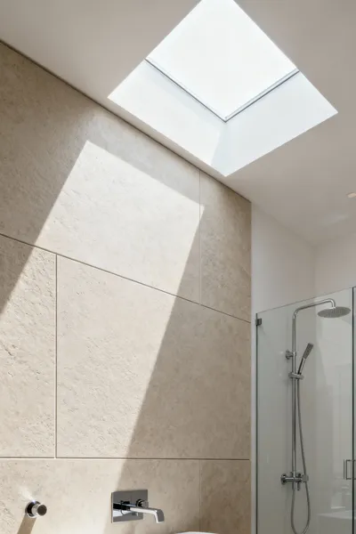 Elegant bathroom wall with textured large-format sintered stone, showcasing architectural narrative design, subtle natural light, and sophisticated material selection.