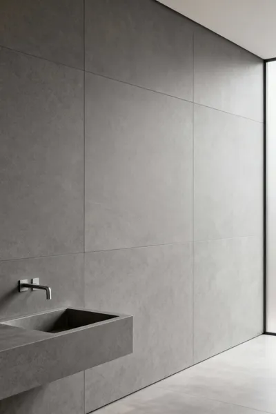 Modern bathroom with large-format gray sintered stone wall panels, showcasing durable, low-maintenance finishes for bathroom longevity.