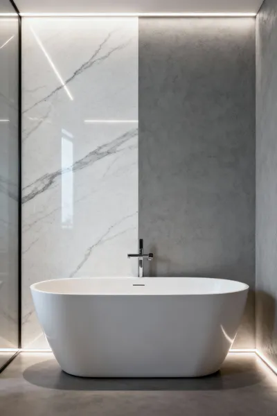 Modern bathroom with a feature wall segmented into polished white sintered stone and matte grey micro-cement, creating a focal vestibule with strong visual gravity and enhanced spatial depth.