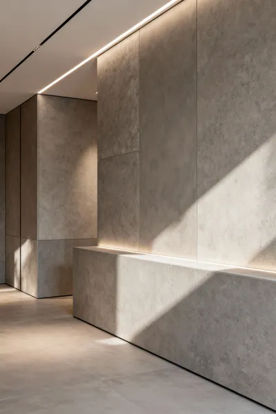 Modern bathroom wall featuring large-format greige sintered stone and micro-cement with subtle textures, illuminated by indirect LED lighting, showcasing muted tones and visual harmony.