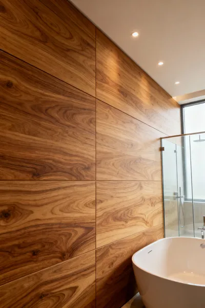 Luxurious bathroom wall featuring modern, moisture-resistant engineered wood composite panels. The rich wood grain enhances warmth and acoustic attenuation in an architectural setting.