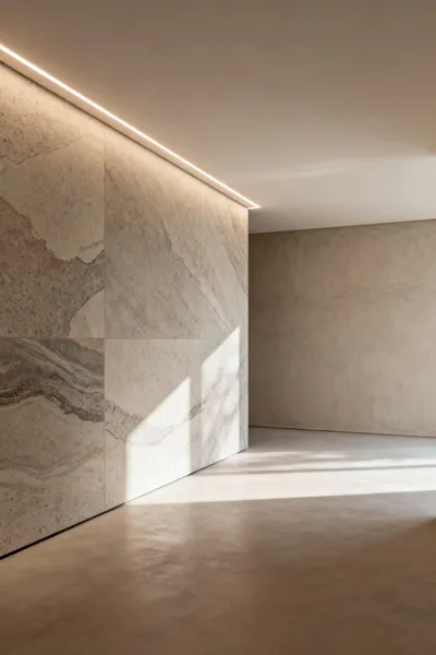 Architectural photo of a luxurious, bespoke bathroom wall featuring custom-printed sintered stone panels with integrated LED lighting and seamless micro-cement, creating a serene and modern sensory experience.