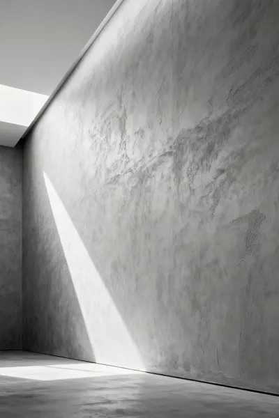 Close-up of a contemporary bathroom wall showcasing a smooth, monolithic light grey microcement finish. The seamless surface extends without grout lines, highlighting its sleek texture and modern aesthetic.