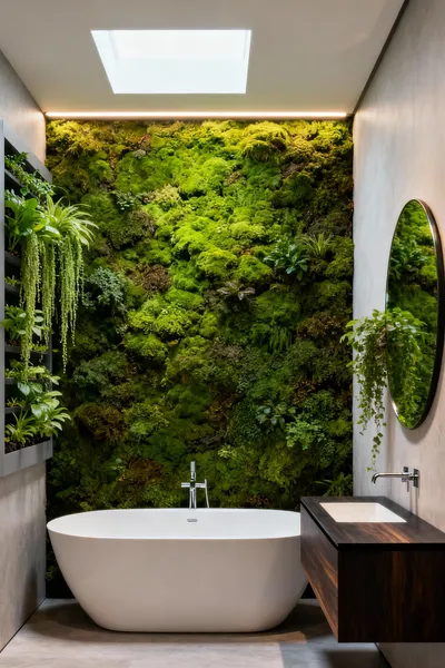 Luxurious bathroom with a large, vibrant green stabilized moss wall beside a white freestanding tub and a sleek hydroponic plant panel on an adjacent wall, showcasing biophilic design.