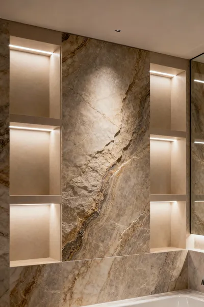 Modern bathroom featuring seamlessly integrated recessed LED lighting within stone wall cavities, showcasing elegant ambient and task illumination without glare.