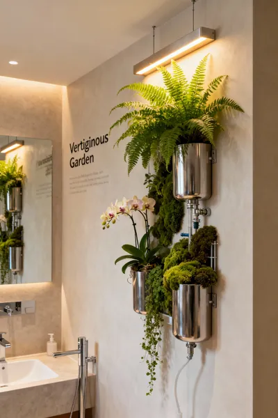Professional photo of a modern bathroom with a full-height living wall using suspended planter systems, featuring ferns, orchids, and moss under soft LED grow lights.