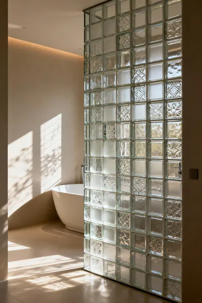 Modern bathroom with a floor-to-ceiling glass block wall separating a shower area, demonstrating light sculpting and privacy through translucent patterns. Serene and elegant interior design.
