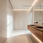 A minimalist modern luxury bathroom showcasing large-format, light gray porcelain slabs covering the walls for a seamless, monolithic look that maximizes spatial continuity.