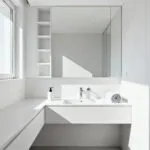 A pristine, decluttered small modern bathroom featuring minimalist design, bright natural light, and ample clear surface space, with a few neatly arranged essentials, emphasizing spatial clarity and organization after a rigorous decluttering process.