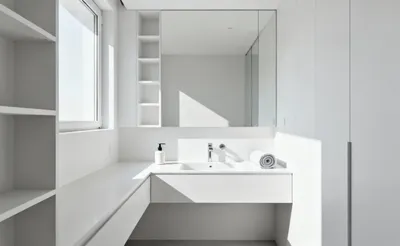 A pristine, decluttered small modern bathroom featuring minimalist design, bright natural light, and ample clear surface space, with a few neatly arranged essentials, emphasizing spatial clarity and organization after a rigorous decluttering process.