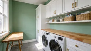 A brightly lit modern laundry room featuring an ergonomic layout with white cabinets, a wood folding counter, and organized storage at reaching height.