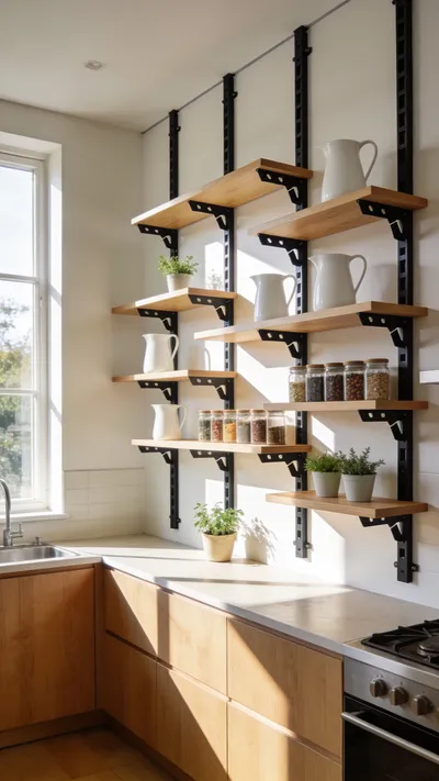 A full view of a modern kitchen featuring adjustable wooden shelves mounted on a vertical black metal track system.