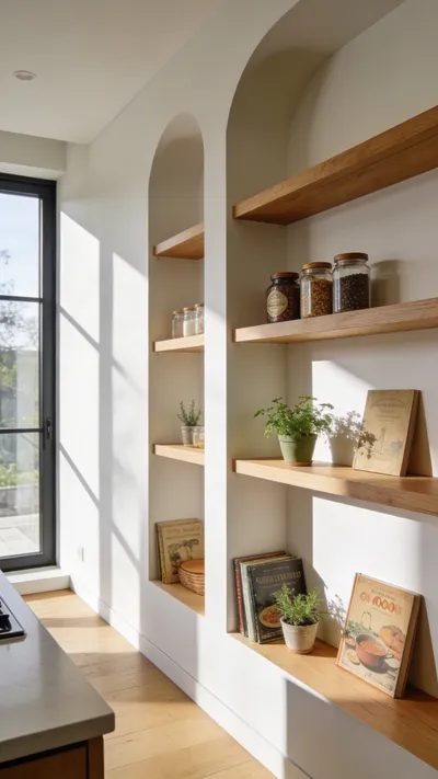 Built-in kitchen storage shelves recessed into a white wall between architectural studs featuring wooden inserts and spice jars.