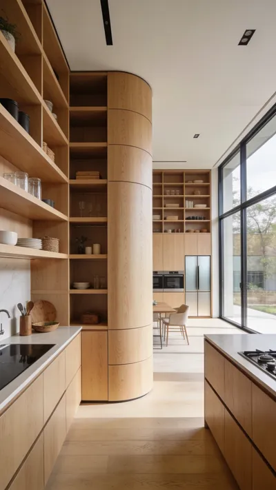 High-end modern kitchen showcasing custom floor-to-ceiling wood shelving integrated into the wall architecture and wrapped around a structural column.