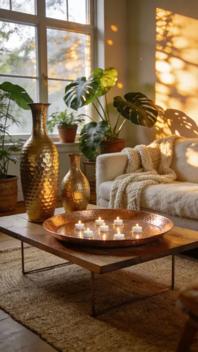 A cozy boho living room decorated with hammered brass and copper accents that reflect warm golden sunlight and candlelight.