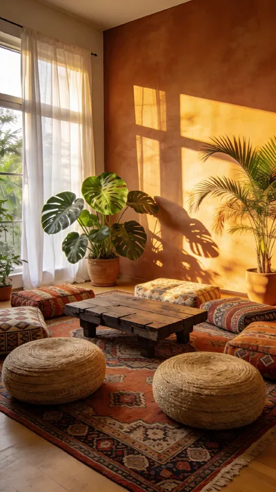 A bright bohemian living room featuring an arrangement of woven floor poufs and patterned cushions around a low wooden table for casual seating.