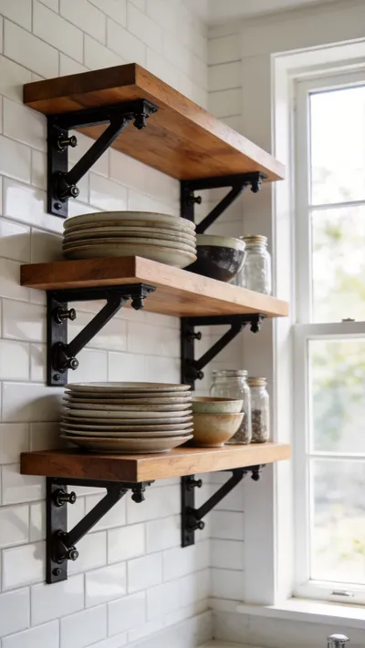 High-quality wooden kitchen shelves mounted with industrial metal brackets holding heavy ceramic plates and bowls on a tiled wall.