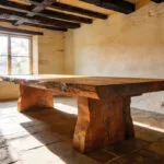 A sturdy, handcrafted farmhouse dining table made from thick oak planks in a rustic, sunlit dining room with stone floors and exposed beams.