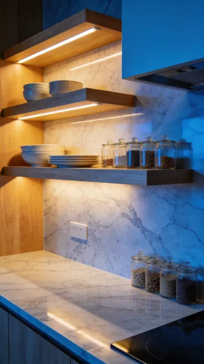 Wide view of modern oak kitchen storage shelves with seamless integrated LED lighting channels glowing over an organized counter.