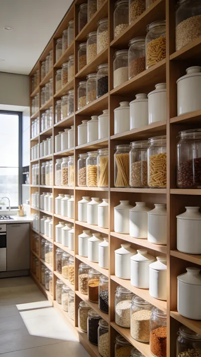 A wide shot of organized kitchen storage shelves featuring uniform glass jars and containers to eliminate visual clutter in a modern pantry.