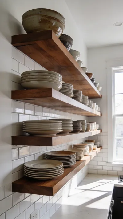 A full view of deep wooden floating kitchen shelves heavily loaded with modern dinnerware against a white tiled wall.