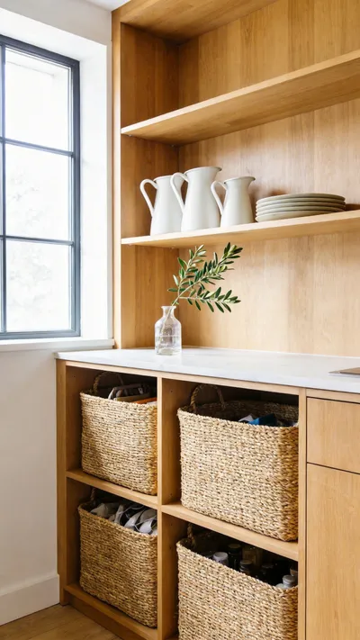 Organised kitchen storage shelves with natural woven baskets and minimalist white ceramics in a bright, sunlit room.