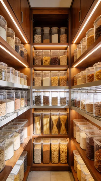 A bright and organized walk-in pantry with custom wood kitchen storage shelves featuring a two-bin restocking system and glass containers.