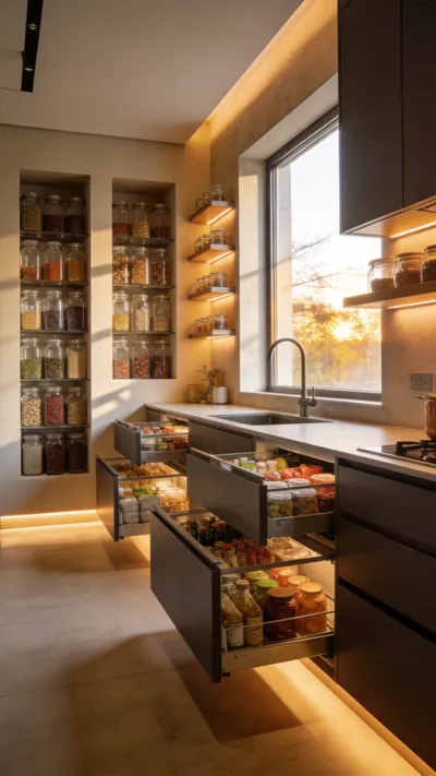 A bright and modern kitchen featuring recessed wall-stud niches and full-extension pull-out shelves for a complete organizational system.