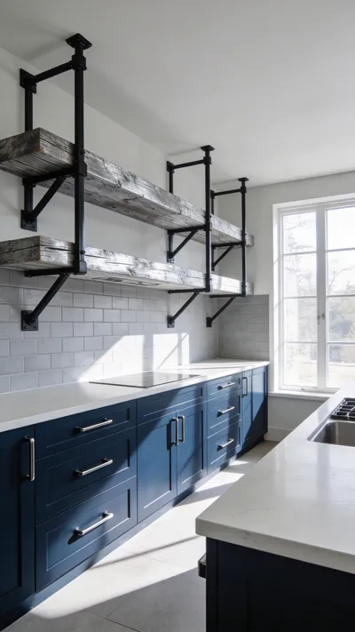 A modern kitchen interior featuring navy blue cabinets and silver-weathered reclaimed wood storage shelves with matching black metal hardware.
