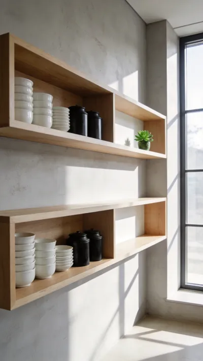 Minimalist kitchen with open wooden storage shelves styled with ceramic dishes and significant negative space to avoid clutter.