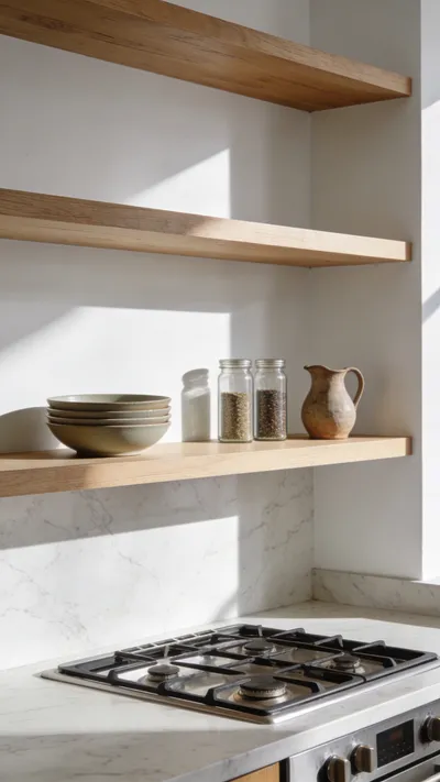 Minimalist open kitchen storage shelves with carefully spaced ceramics and glass jars highlighting the use of negative space for a calming design.