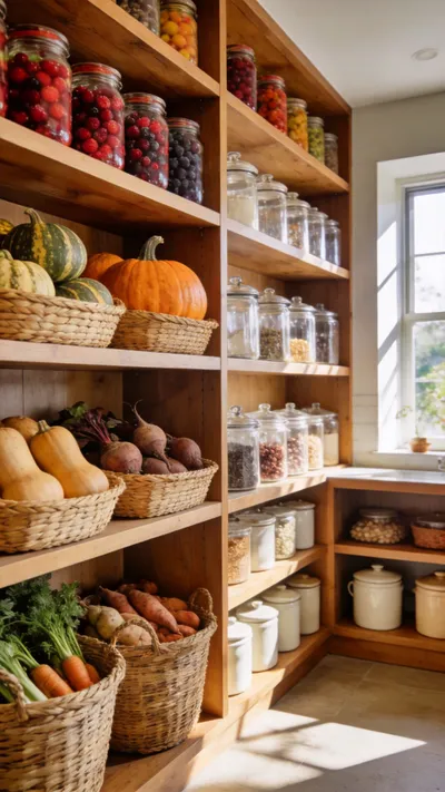 Floor-to-ceiling wooden kitchen storage shelves organized with seasonal produce, preserves, and baskets under bright natural light.