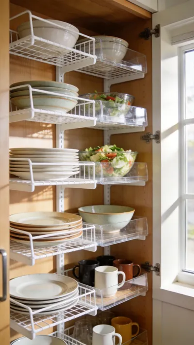 A well-organized kitchen cabinet using white wire risers and shelf inserts to create multiple tiers for stacking ceramic plates and bowls.