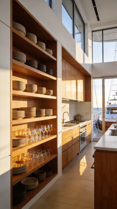 A wide-angle view of sturdy wooden kitchen storage shelves holding stacks of ceramic dishes in a sunlit modern kitchen.