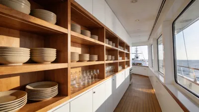 A wide-angle view of sturdy wooden kitchen storage shelves holding stacks of ceramic dishes in a sunlit modern kitchen.