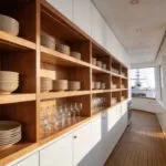 A wide-angle view of sturdy wooden kitchen storage shelves holding stacks of ceramic dishes in a sunlit modern kitchen.
