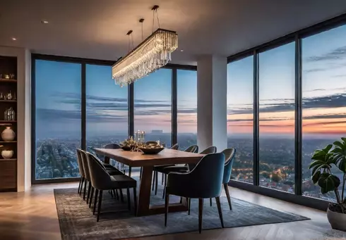 A modern dining room with a sleek linear chandelier above a woodenfeat