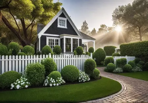 A charming backyard retreat with a white picket fence enclosing a lushfeat