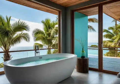 A luxurious spalike bathroom with a coastal theme flooded with natural lightfeat