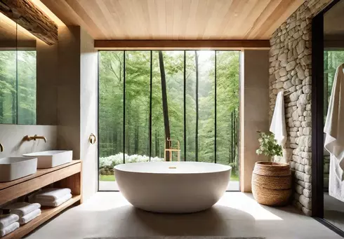 A minimalist bathroom with a large window offering a view of afeat