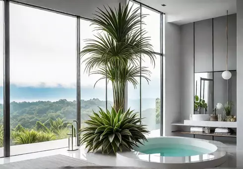 A serene spalike bathroom with white marble countertops and a freestanding bathtubfeat