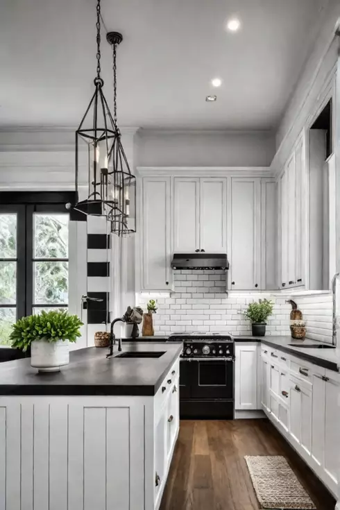 Black and white kitchen with vertical subway tile